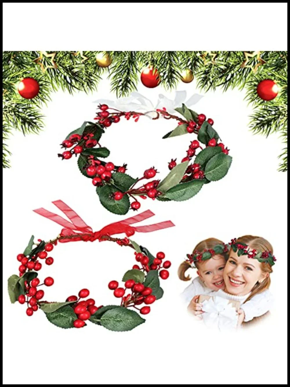 2 Pack Adjustable Christmas Berry Headband Hair Crown Ribbon Wrap